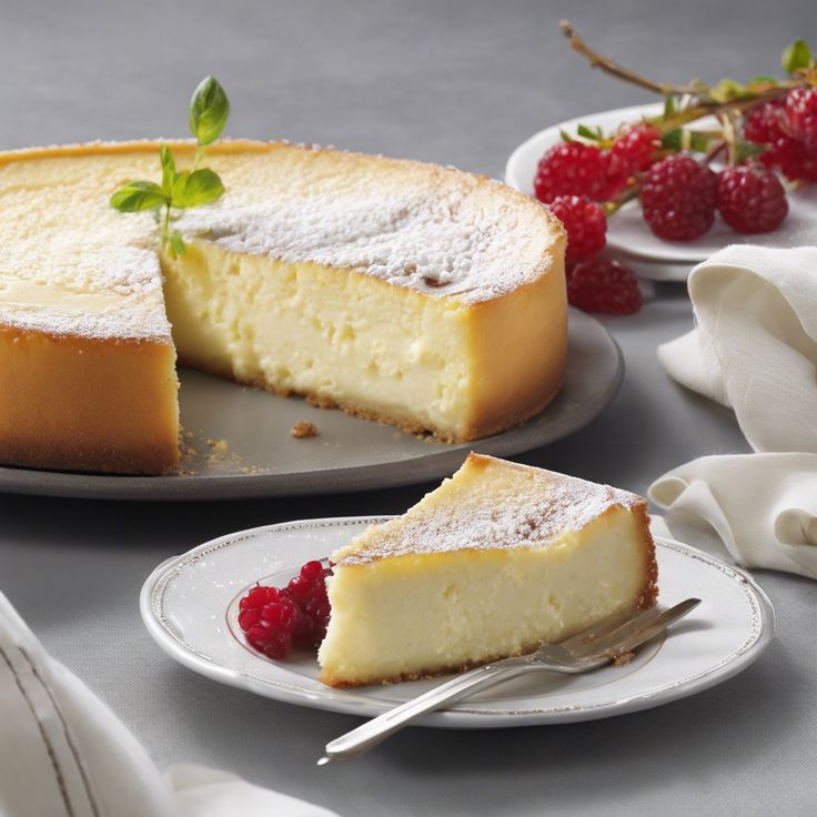 two plates with slices of cheesecake and raspberries