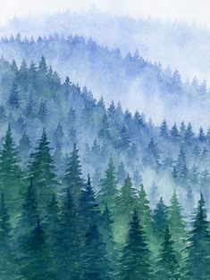 watercolor painting of trees in the fog