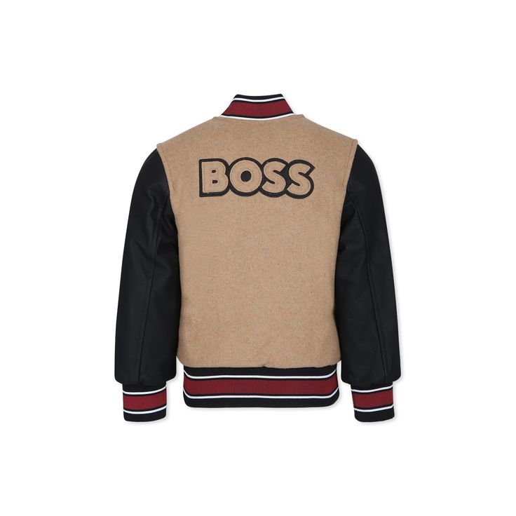 Color: Beige Beige bomber jacket with long faux leather sleeves, low ribbed collar, front zip closure, side pockets, striped cuffs and hem. It is embellished with double B embroidered on the chest and logo on the back. 53% Polyester, 42% Wool, 3% Acrylic, 1% Polyamide, 1% Viscose. Machine wash at 30°C. Double B, Leather Sleeves, Zegna Shoes, Kenzo Kids, E Logo, Leather Sleeve, Stella Mccartney Kids, Men's Collection, Hugo Boss