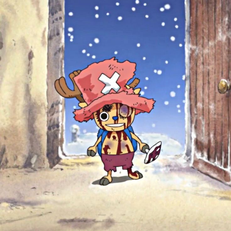 a cartoon character wearing a red hat standing in front of an open door with snow on the ground