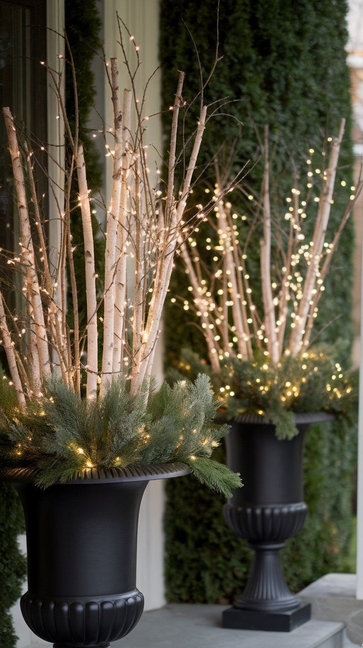 two black vases with trees and lights in them on the front porch, decorated for christmas