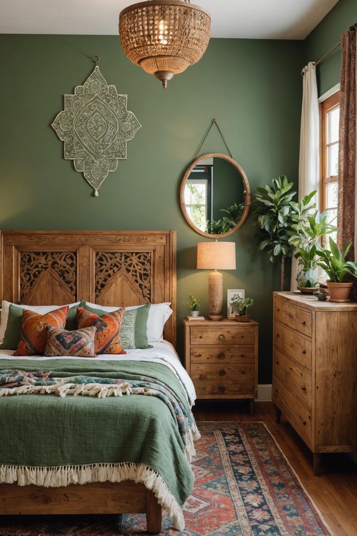 a bedroom with green walls and wooden furniture, including a large bed in the center