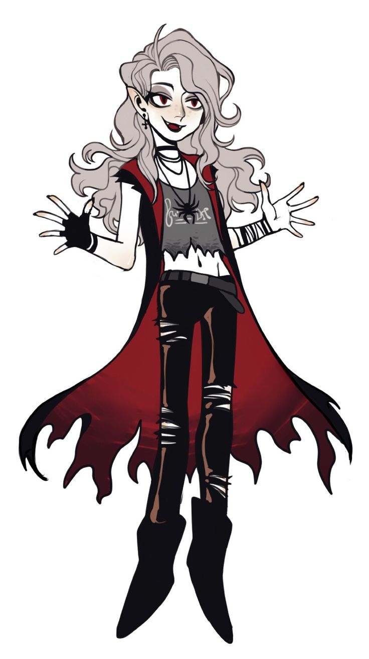 a drawing of a woman with white hair and black pants, wearing a red cape