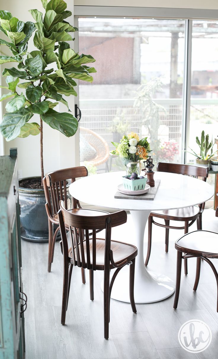 a white table with four chairs and a potted plant