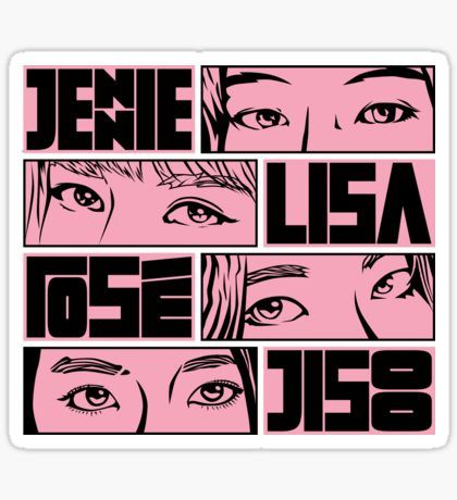 pink sticker with black and white images of people's eyes in different styles