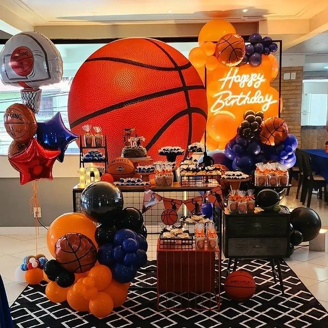 a basketball themed birthday party with balloons and decorations