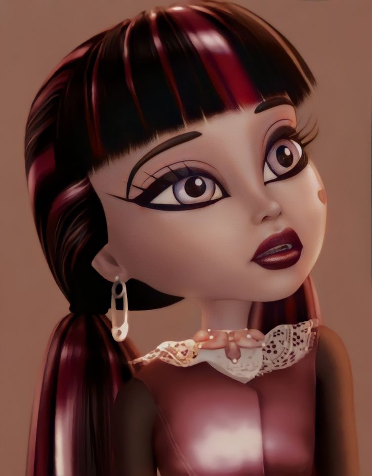 an animated woman with long hair and big eyes wearing a dress, necklace and earrings