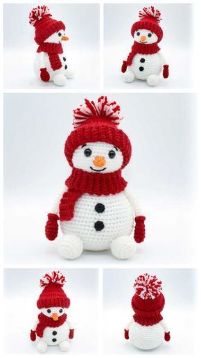 crocheted snowman with red hat and scarf on it's head, four different views