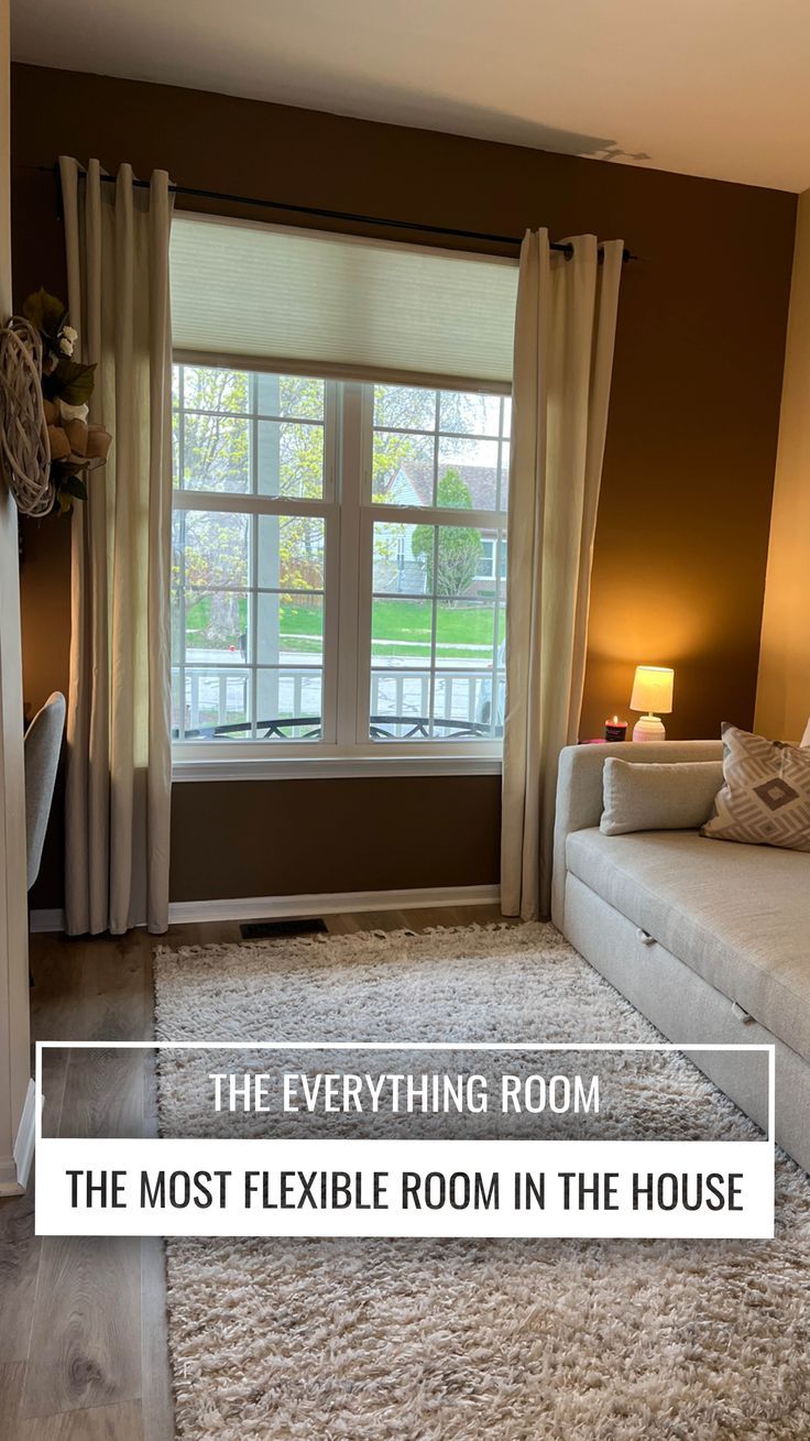 Photo of our everything room with a couch, lamp and window Office Guest Room Combo Ideas, Multi Purpose Home Office, Bedroom And Office Combo Ideas, Guest Bedroom Office Combo, Multipurpose Guest Room, School In The Fall, Guest Bedroom Bedding, Bedroom Office Combo, Guest Room Office Combo