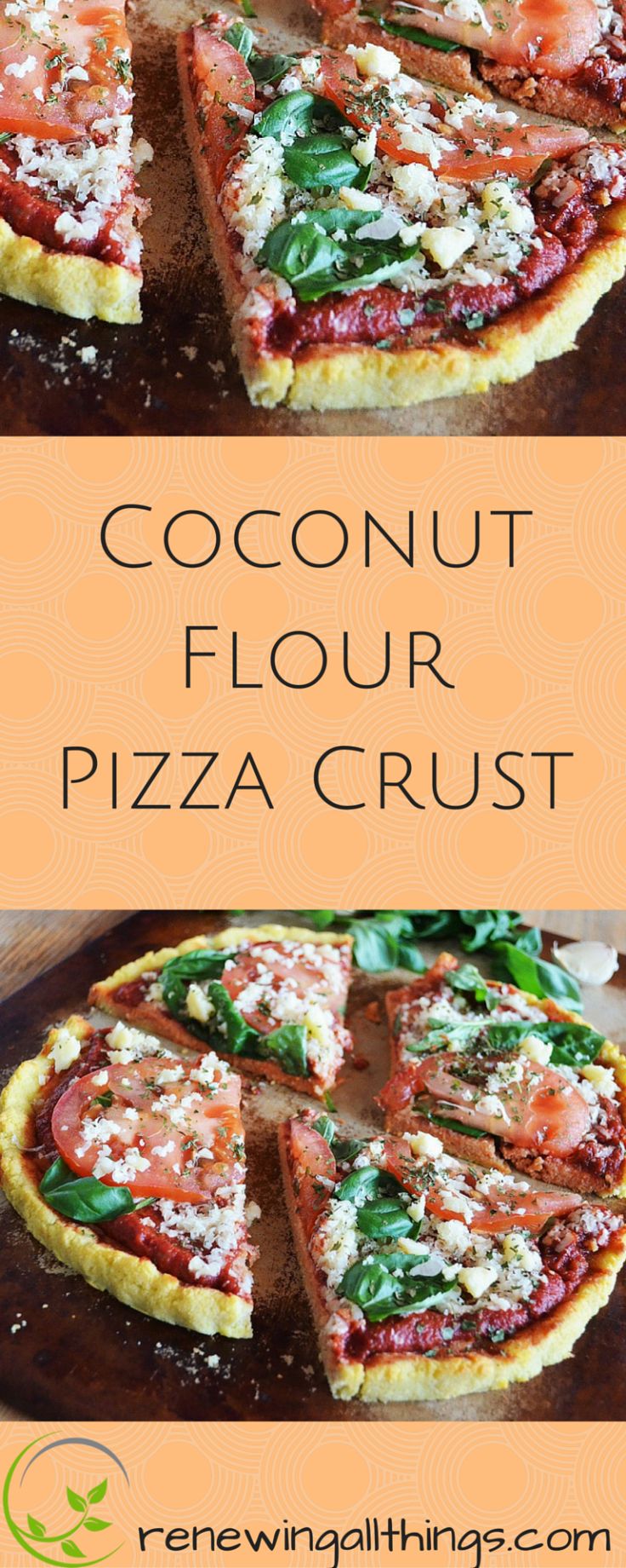 three different types of pizza with the words coconut flour pizza crust on top and bottom