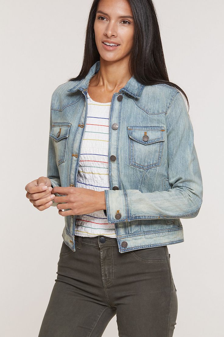 Our classic jean jacket has the soft, comfy feel of washed denim in a gently worn look. Style your downtime with this slightly fitted, flattering design with its flap pockets and button-front closure. It's the jacket that goes with everything. 100% Cotton. Faded Button-up Denim Jacket For Spring, Spring Faded Button-up Denim Jacket, Spring Medium Wash Denim Jacket, Medium Wash Denim Jacket With Flap Pockets For Spring, Spring Medium Wash Denim Jacket With Flap Pockets, Fitted Washed Denim Jacket For Everyday, Denim Jacket With Flap Pockets For Spring, Spring Denim Jacket With Flap Pockets For Everyday, Relaxed Fit Light Wash Denim Jacket With Flap Pockets