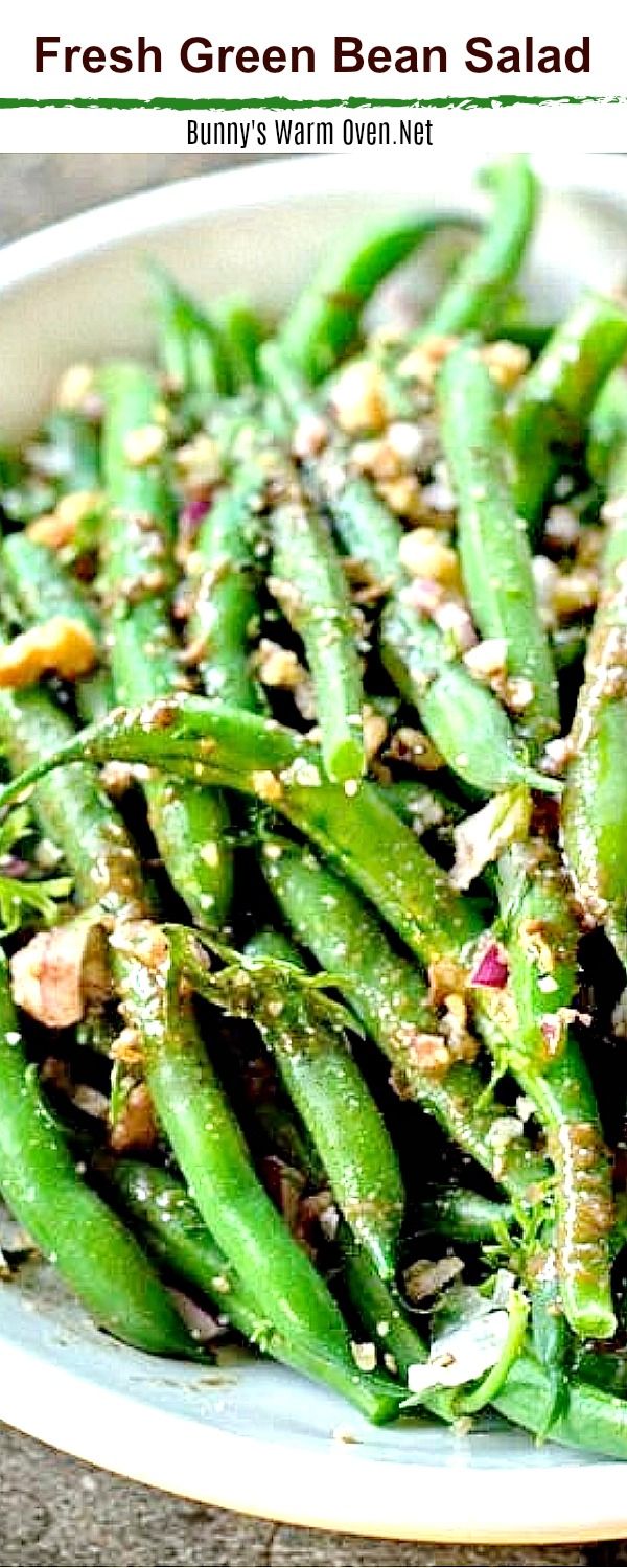 fresh green bean salad in a white bowl