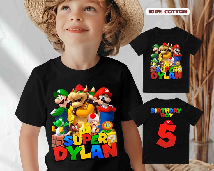 a young boy wearing a black tshirt with an image of mario and friends on it