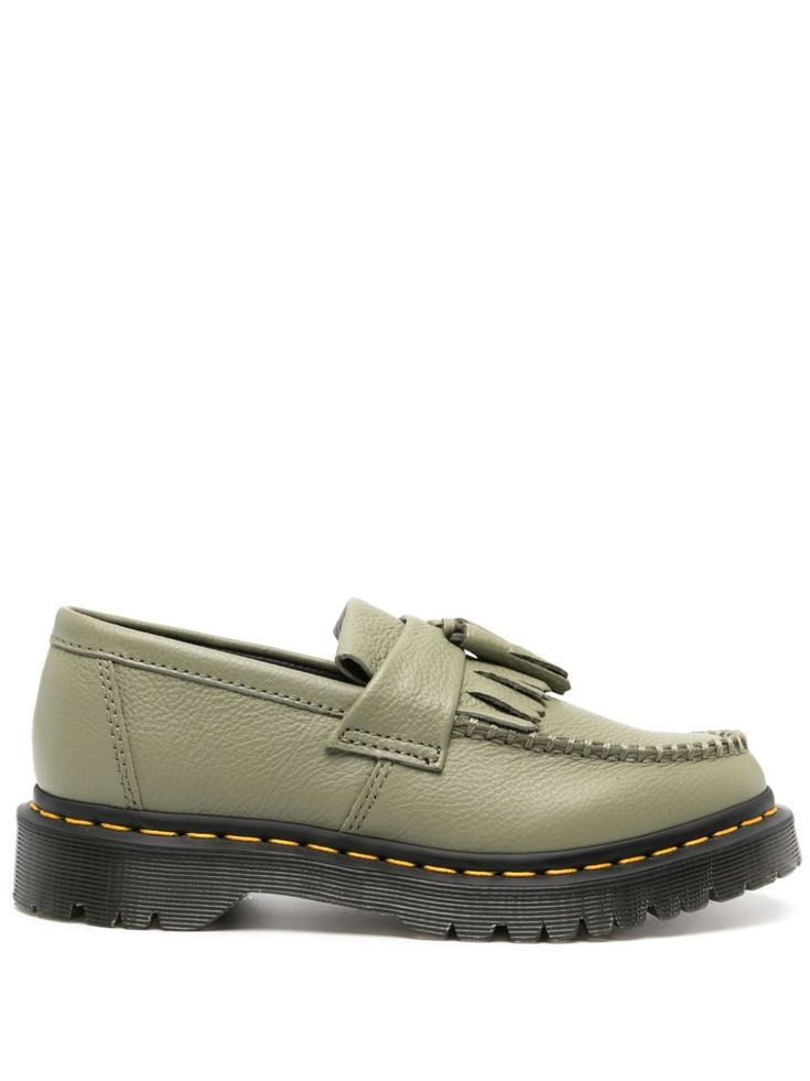 light olive green calf leather grained texture fringe detailing tassel detail moc stitching round toe branded leather insole rubber lug sole slip-on style