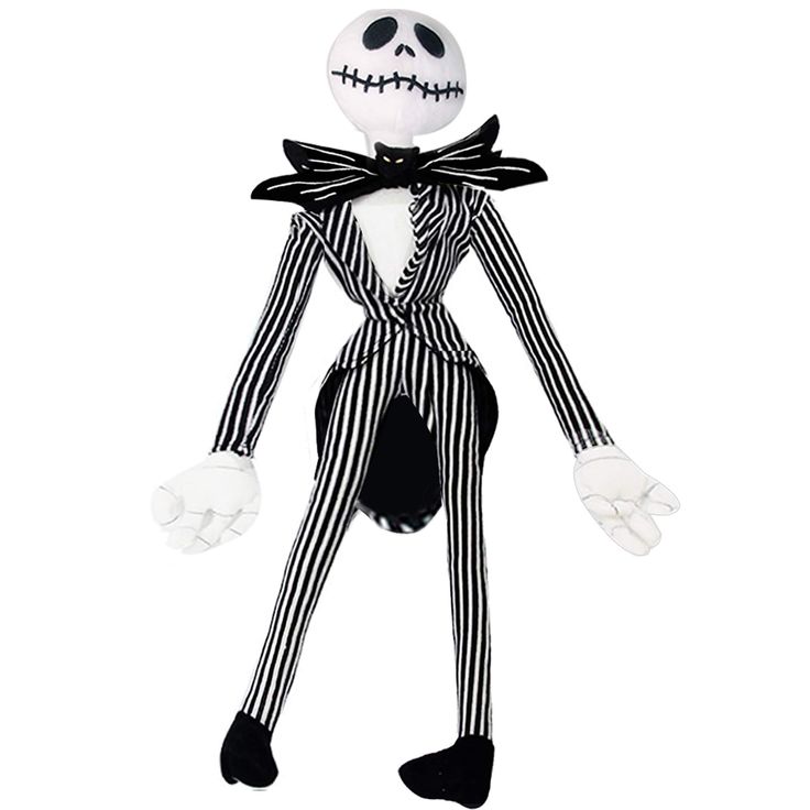 a stuffed toy that looks like jack skellingy from the animated movie, it's wearing black and white stripes