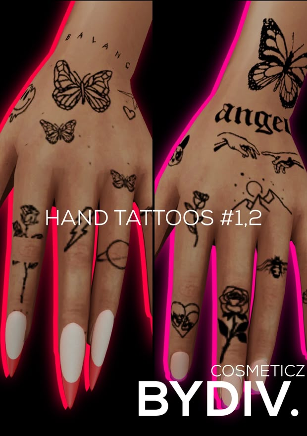 two hands with tattoos on them and the words, hand tattoos 1 2 cosmeticz by div