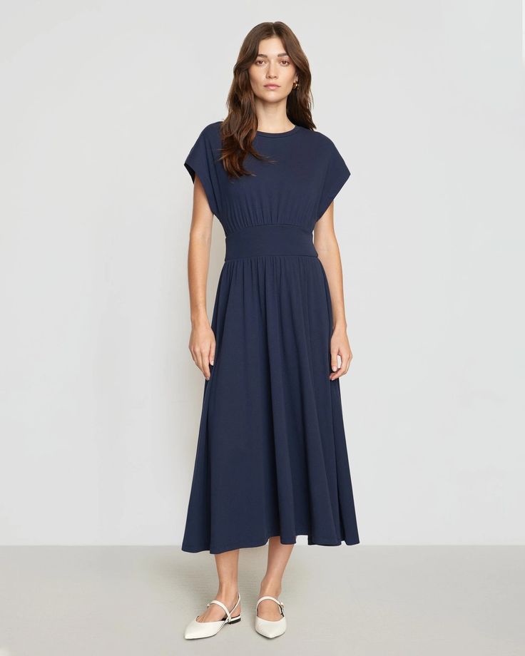 Prima Jersey Midi Dress Spring Stretch Midi Dress With Pleated Waist, Spring Modal Dress For Loungewear, Spring Midi Dress With Pleated Waist And Stretch, Spring Loungewear Dress Made Of Modal, Spring Modal Loungewear Dress, Spring Loungewear Dress, Casual Stretch Dresses For Daywear, Stretch Cotton Midi Dress For Daywear, Cotton Stretch Midi Dress For Daywear