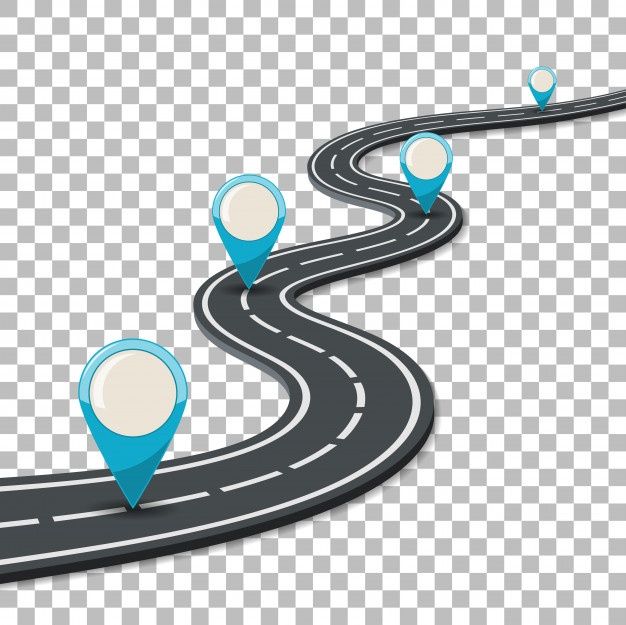 a road with pin markers on it in the shape of a circle and two roads going up