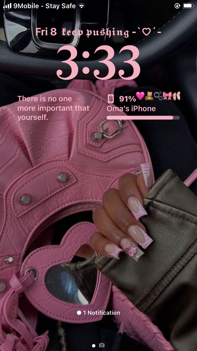 a woman's hand holding a pink purse in front of her face and the text, 3 53 there is no one more important that you need