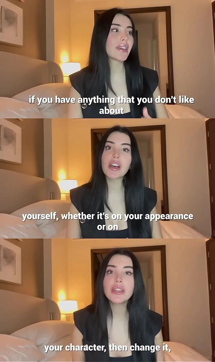 a woman with long black hair is talking to someone in front of a mirror that says, if you have anything that you don't like about yourself, whether it on your appearance