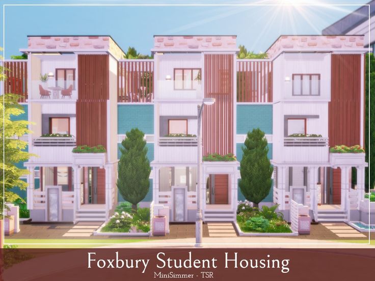 an image of a four story building with trees and bushes in the foreground that says foxbury student housing