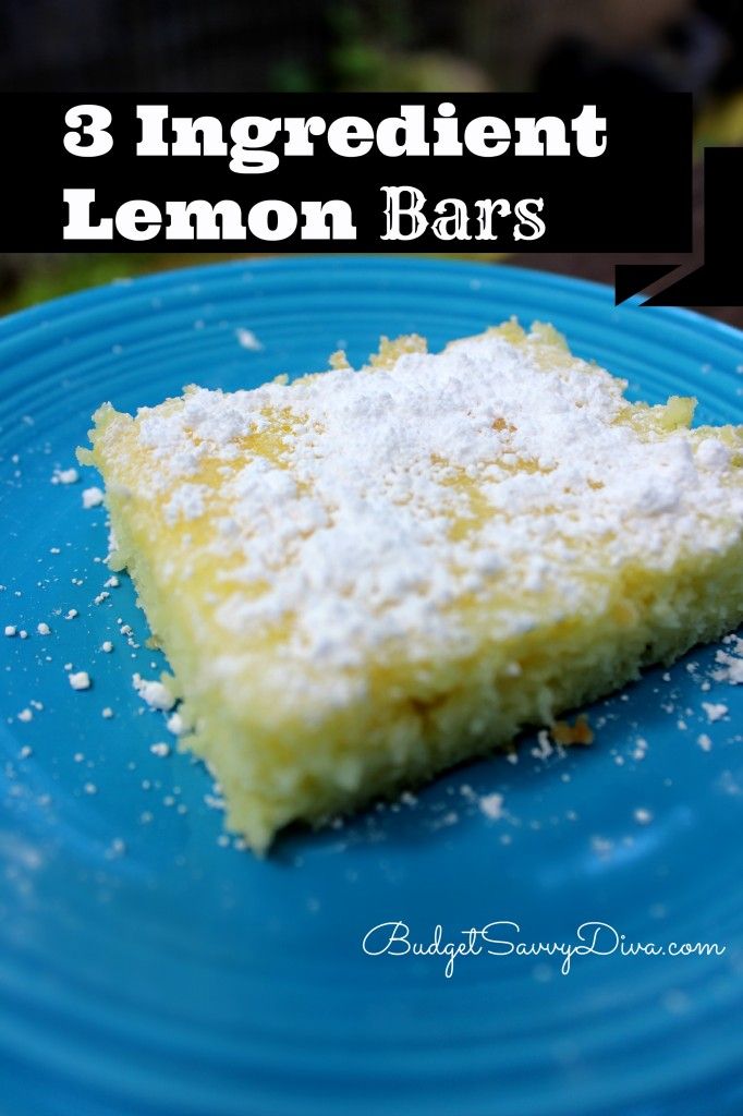 three ingredient lemon bars on a blue plate with powdered sugar in the middle and text overlay