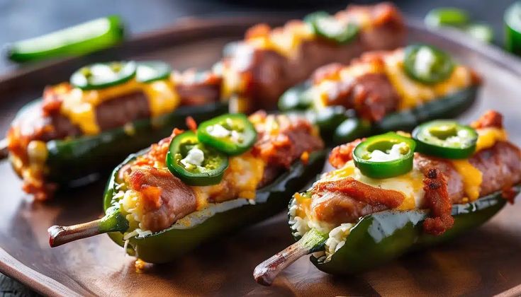 several stuffed peppers on a plate with cheese and green peppers around the edges, ready to be eaten