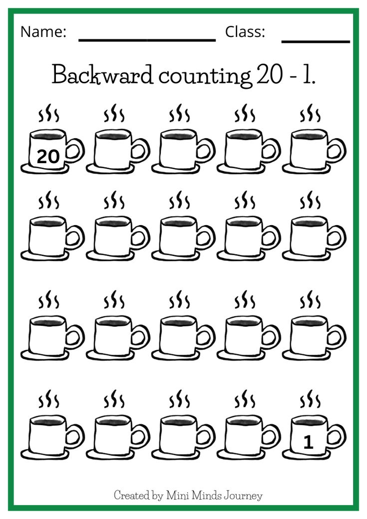 the printable worksheet for counting coffee mugs with numbers to 20 on them