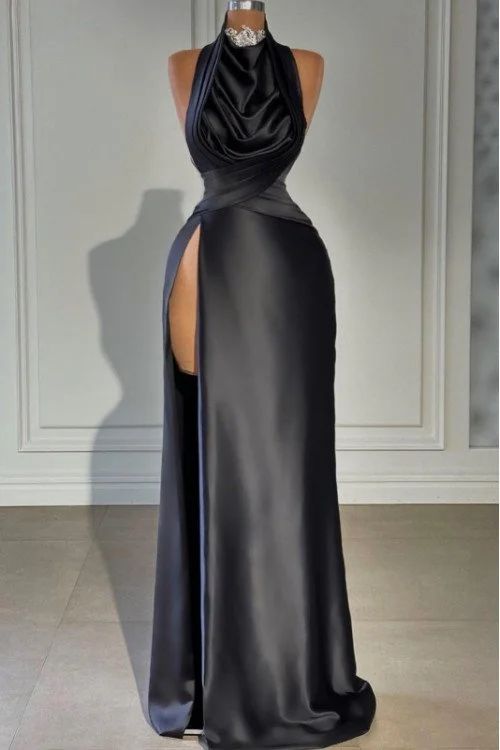 Alma Simple Halter Backless Side Slit Sheath Prom Dresses Black Long Evening Dress, Long Black Evening Dress, Casting Spells, Robes Glamour, Makeup Tip, Dark Elegance, Elegant Prom, Satin Evening Dresses, Long Evening Dress