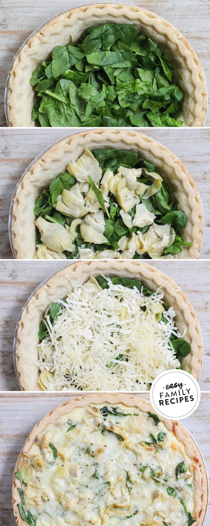 three pies with spinach and cheese in them on top of each other,