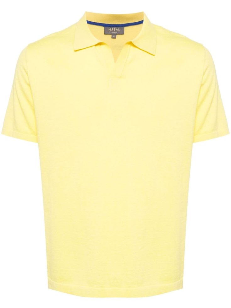 light yellow cotton-cashmere blend fine knit polo collar split neck short sleeves straight hem Classic Yellow Polo Shirt For Spring, Yellow Polo Shirt For Spring, Yellow Collared Polo Shirt For Summer, Classic V-neck Polo Shirt With Ribbed Collar, Yellow Spring Polo Shirt, Classic V-neck Polo Shirt For Summer, Spring Yellow Polo Shirt, Yellow Polo Shirt With Collar For Summer, Summer Yellow Polo Shirt With Polo Collar