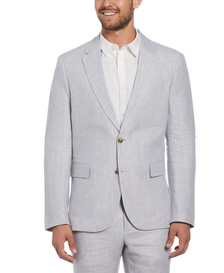 A smart and timeless tailored piece, this lightweight men’s sport coat is cut from 100% Delave linen - a top tier linen with a high-low heathered look and unique texture. Crafted with thoughtful details, this polished suit jacket features light shoulder padding, boat-shaped breast pockets and is finished with notch lapels and a half lined construction that allows the blazer to maintain the breathable benefits of its linen. Pair it with the matching Delave Linen Flat Front Pant and Delave Linen V Casual Linen Blazer For Semi-formal Occasions, Semi-formal Single Button Linen Outerwear, Classic Summer Sport Coat For Formal Occasions, Fitted Linen Sport Coat For Business Casual, Linen Long Sleeve Suit For Spring, Spring Linen Suit With Long Sleeves, Spring Linen Blazer With Flat Front, Spring Linen Flat Front Blazer, Spring Linen Long Sleeve Suit