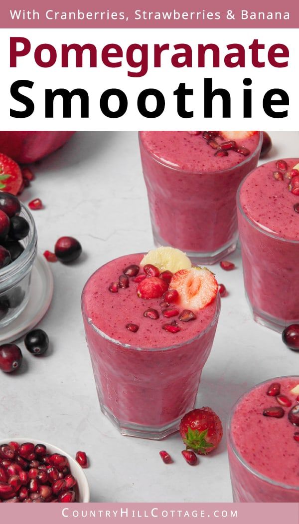 two glasses filled with smoothie next to berries and strawberries on the side, text reads pomegranate smoothie