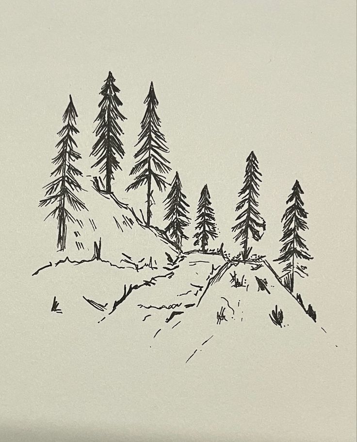 a black and white drawing of trees on a snowy hill