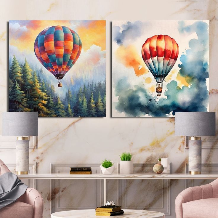 two hot air balloons flying in the sky above trees and clouds, on a marble wall