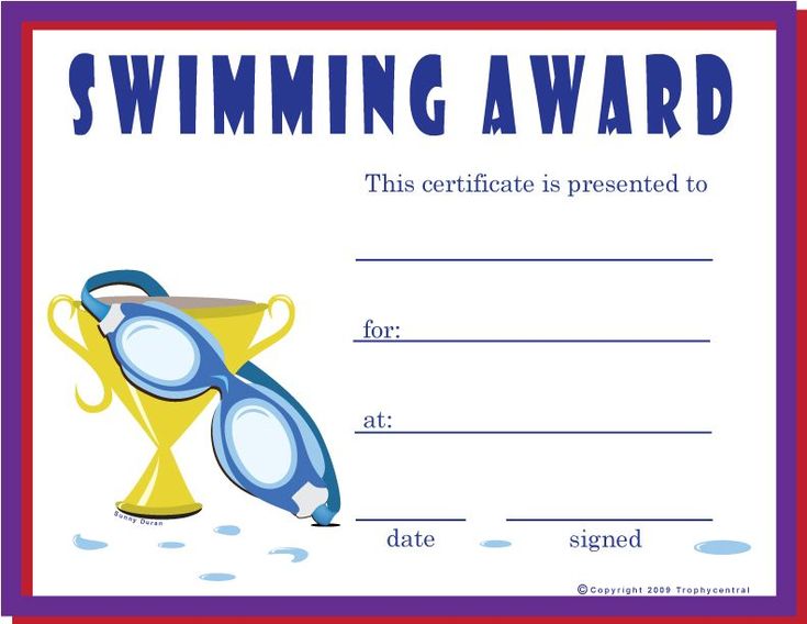 a swimming award certificate with a trophy on it