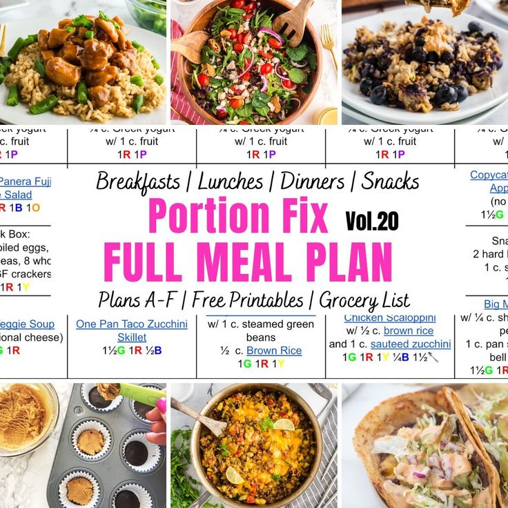 the portion fix meal plan is shown with pictures of different dishes, including meats and vegetables