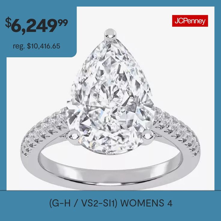 a pear shaped diamond engagement ring with diamonds on the sides and an ad for jcheney