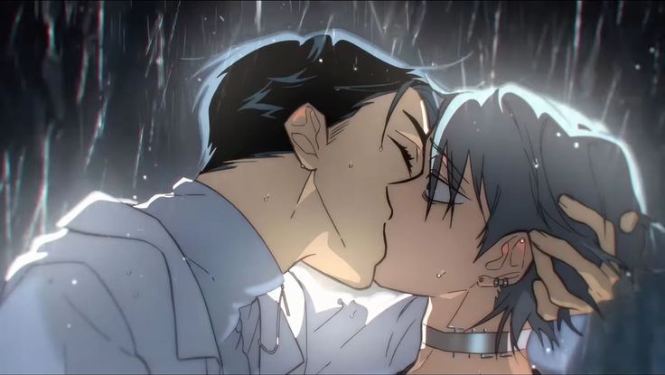 a man and woman kissing in the rain