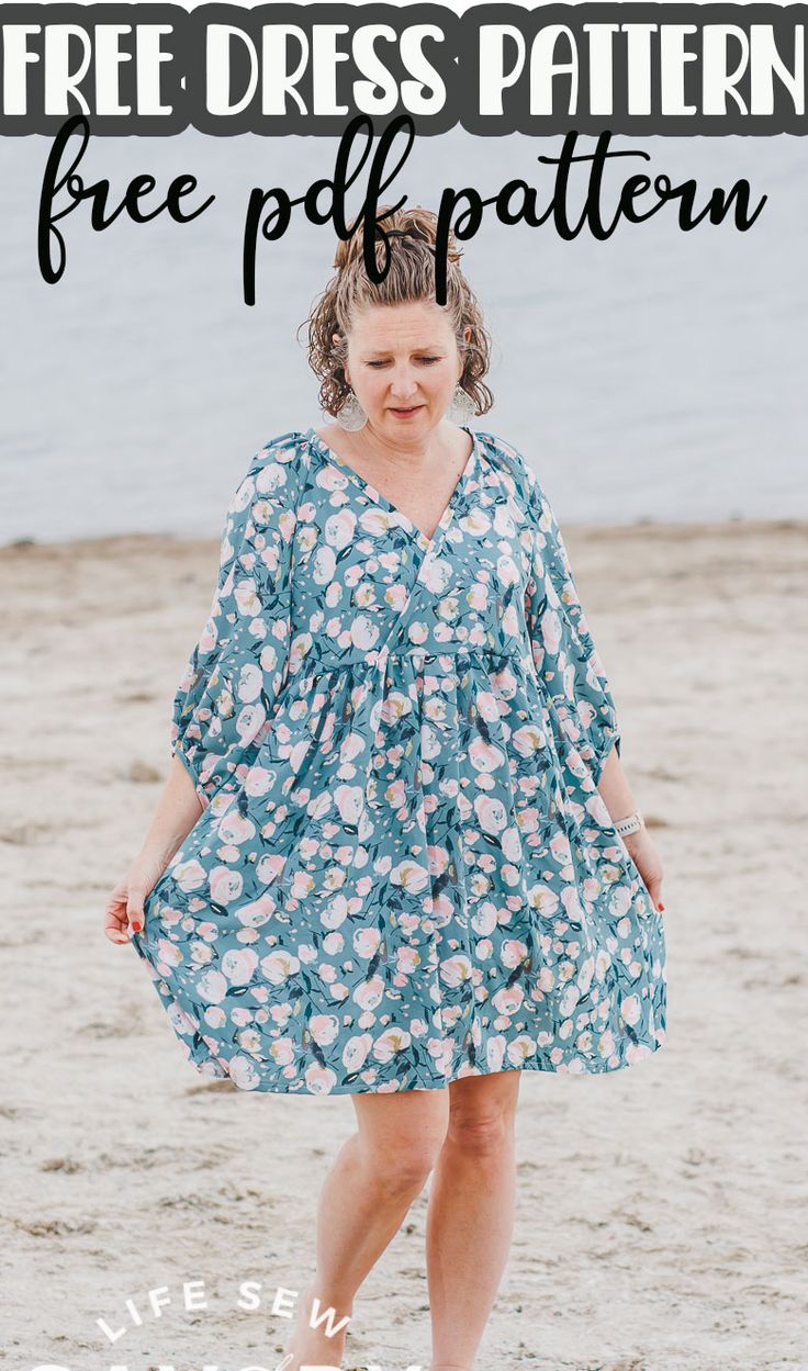 a woman walking on the beach with text overlay that says free dress pattern