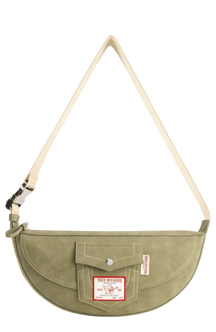 A logo patch and flap pocket add a utilitarian finish to a half-moon bag outfitted with a wide, webbed crossbody strap. 8"H x 15"W x 3"D Top zip closure Adjustable crossbody strap Lined Synthetic Imported Leather Shoulder Bag With Logo Patch For Everyday Use, Leather Shoulder Bag With Logo Patch, Canvas Crossbody Chest Bag With Pockets, Everyday Crossbody Bag With Logo Patch, Moon Bag, Anniversary Sale, Jeans Brands, A Logo, Half Moon