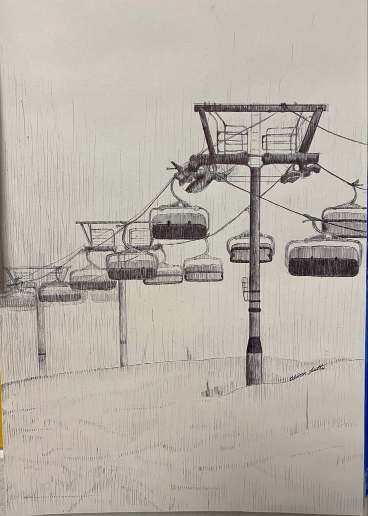 a drawing of a ski lift in the rain