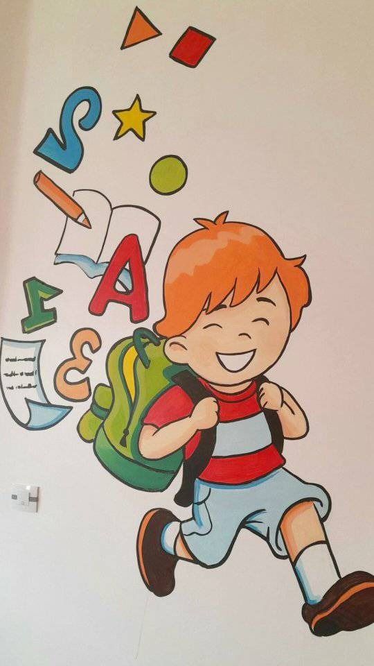 a drawing of a boy with a back pack and school supplies in his hand is shown