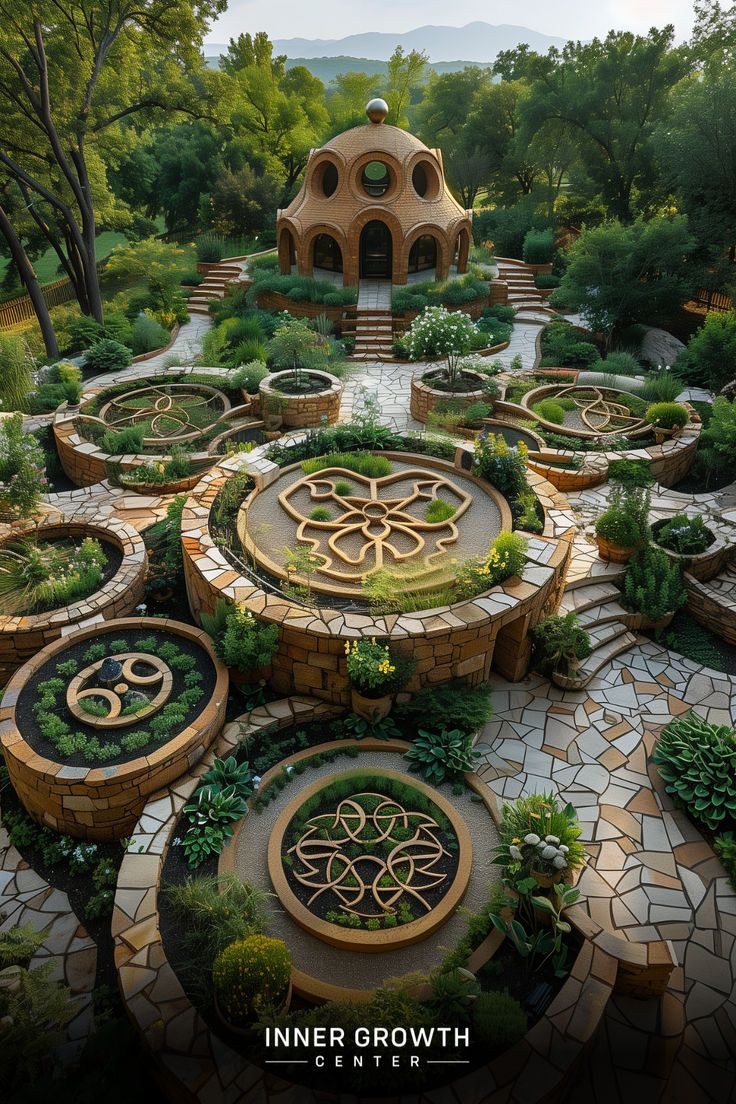 A circular garden with geometric patterns and a domed meditation structure surrounded by lush greenery and mountains. Healing Garden Design, Spiritual Garden, Sacred Garden, Deep Healing, Outdoor Sanctuary, Healing Garden, Sustainable Agriculture, Public Garden, Garden Spaces