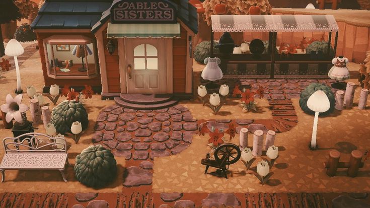 Animal Crossing Tailor Shop Ideas, Acnh Tailors Shop Ideas, Able Sisters, Cottagecore Animal Crossing, Acnh Inspiration, Acnh Cottagecore, Island Theme, Store Image, Animal Crossing Pocket Camp