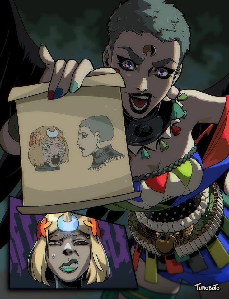 an animated image of two women with different facial expressions, one holding a book and the other looking at her face