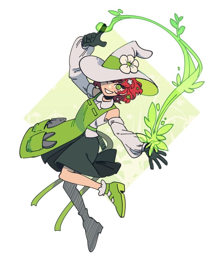 a cartoon character with a green hat and dress holding a flower in one hand while walking