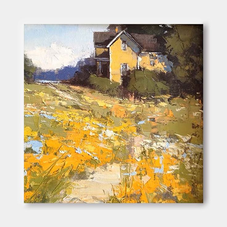 an oil painting of a yellow house on a hill with wildflowers in the foreground