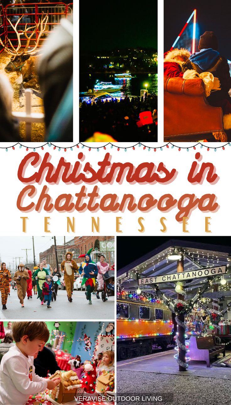 christmas in chatanoga, tennessee with images of people walking and sitting around it