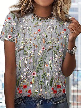 Jersey Floral Printed Casual Crew Neck T-Shirt | zolucky Short Sleeve White Shirt, Shirt With Flowers, Style Bleu, Vintage T Shirts, Printed Wide Leg Pants, Vintage Blouse, Casual Tops For Women, Floral Print Shorts, Fitness Workout